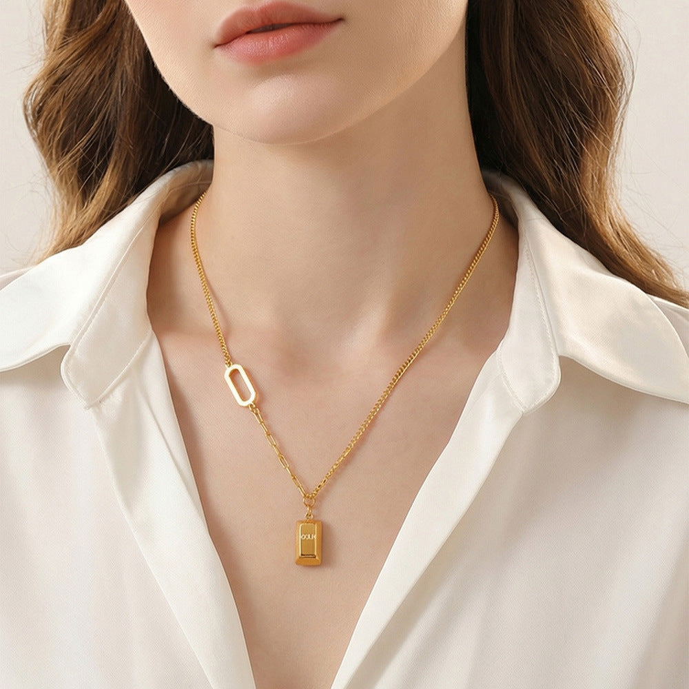 316L Stainless Steel 18K Gold Plated Engraved Letter Good Fortune Bar Pendant Necklace - Image 7