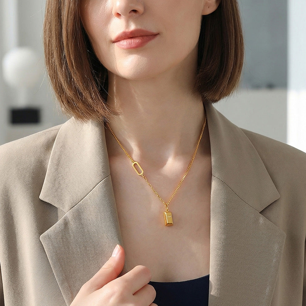 316L Stainless Steel 18K Gold Plated Engraved Letter Good Fortune Bar Pendant Necklace - Image 9