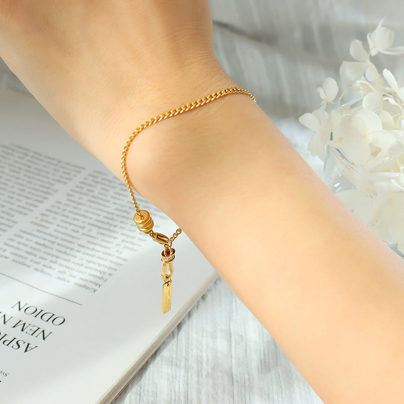 316L Stainless Steel 18K Gold Plated Engraved Square Zircon Pendant Bracelet - Image 1