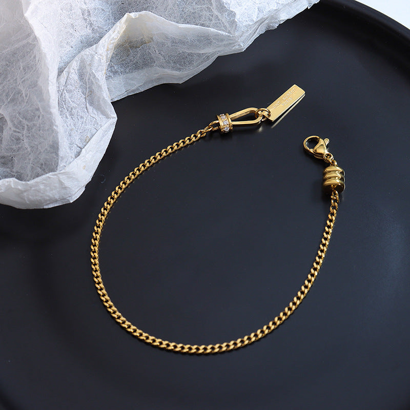 316L Stainless Steel 18K Gold Plated Engraved Square Zircon Pendant Bracelet - Image 2