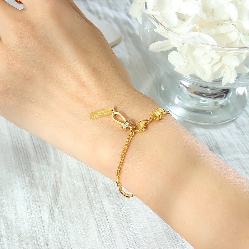 316L Stainless Steel 18K Gold Plated Engraved Square Zircon Pendant Bracelet - Image 3