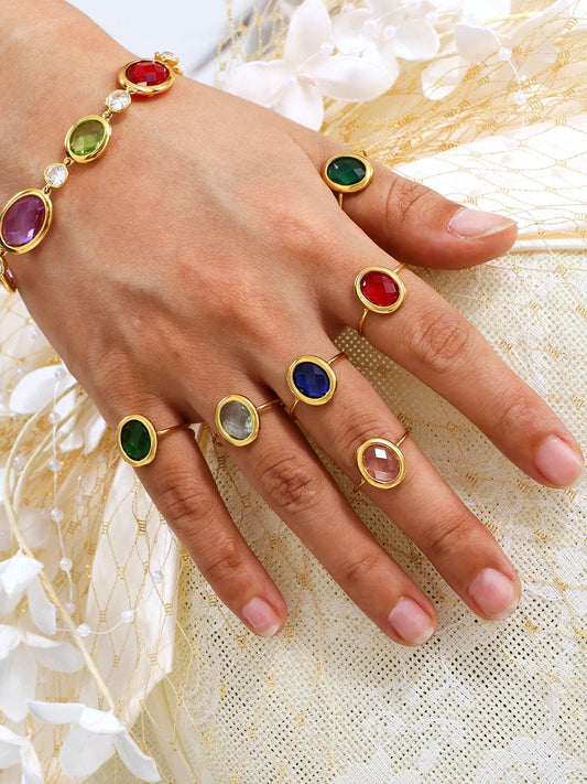 316L Stainless Steel 18K Gold Plated Faceted Glass Bead Open Ring - Image 11