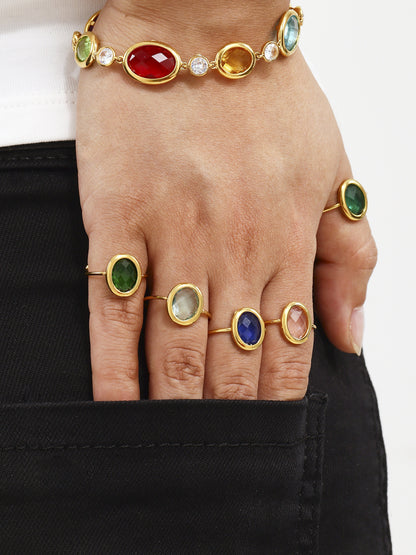 316L Stainless Steel 18K Gold Plated Faceted Glass Bead Open Ring - Image 3