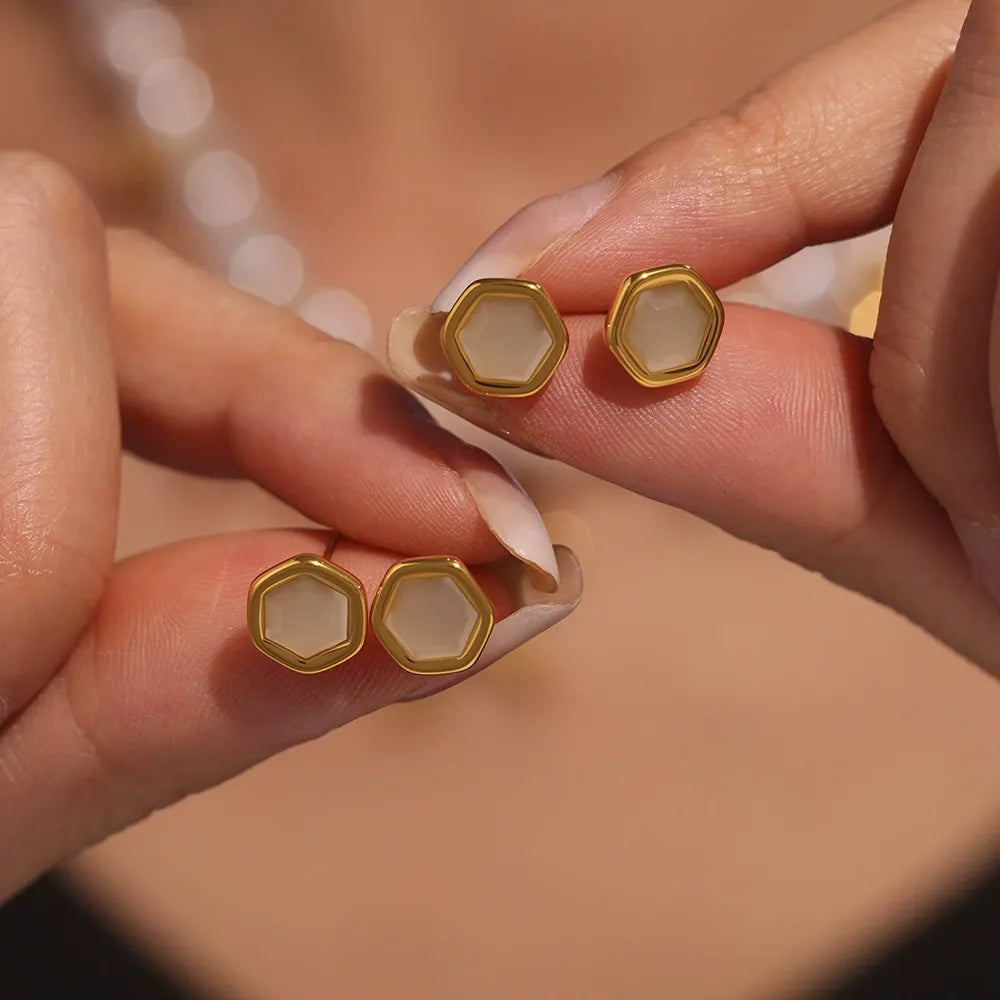 316L Stainless Steel 18K Gold Plated Faceted Opal Hexagon Stud Earrings - Image 1