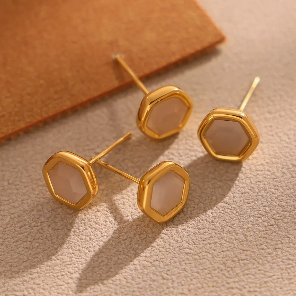 316L Stainless Steel 18K Gold Plated Faceted Opal Hexagon Stud Earrings - Image 2