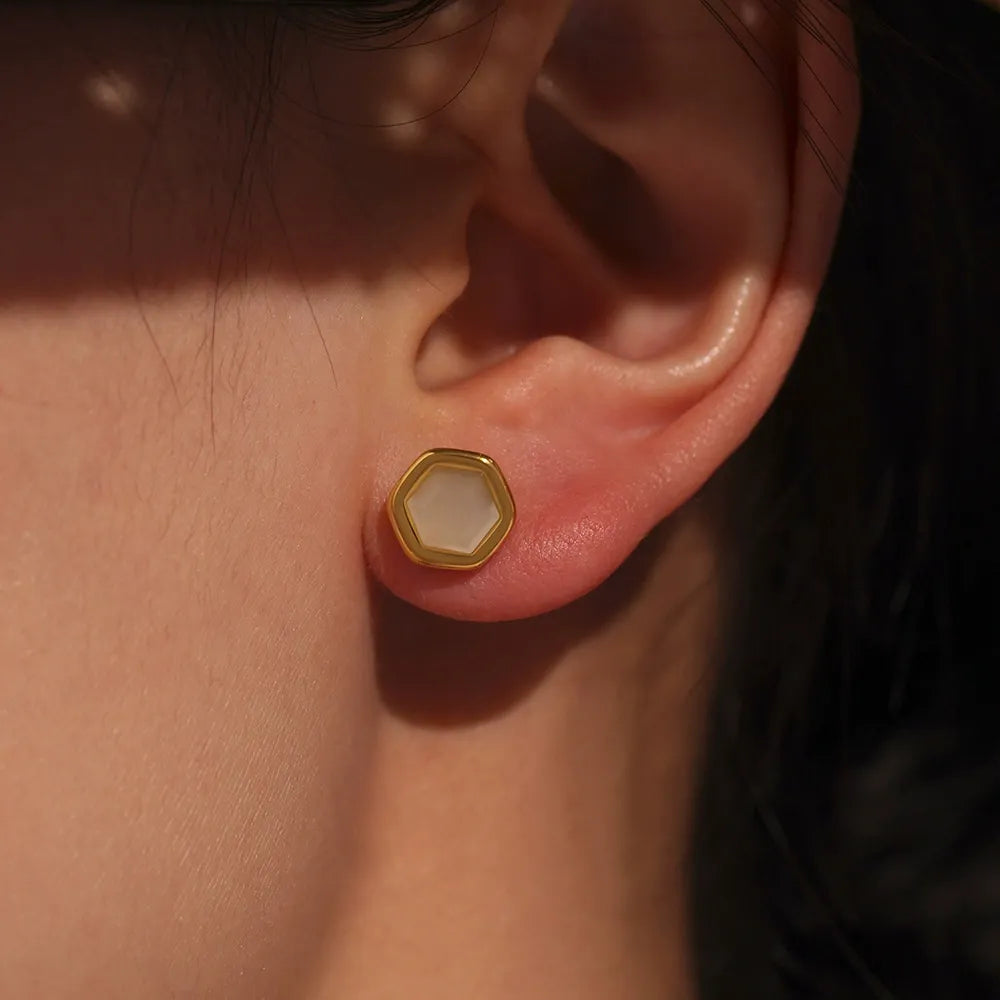 316L Stainless Steel 18K Gold Plated Faceted Opal Hexagon Stud Earrings - Image 3