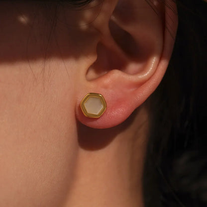 316L Stainless Steel 18K Gold Plated Faceted Opal Hexagon Stud Earrings - Image 3