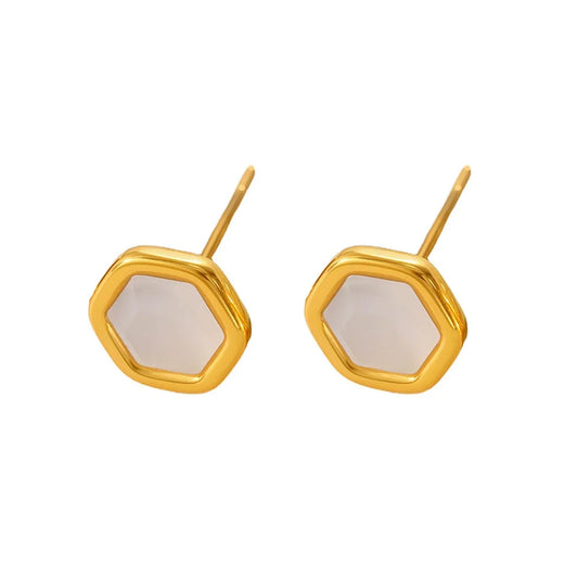 316L Stainless Steel 18K Gold Plated Faceted Opal Hexagon Stud Earrings - Image 5