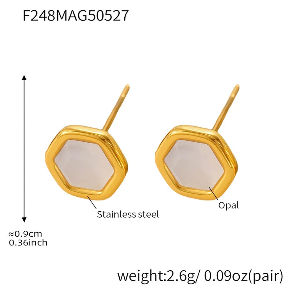 316L Stainless Steel 18K Gold Plated Faceted Opal Hexagon Stud Earrings - Image 6