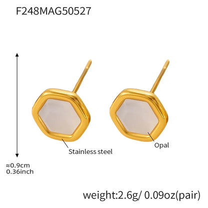 316L Stainless Steel 18K Gold Plated Faceted Opal Hexagon Stud Earrings - Image 6