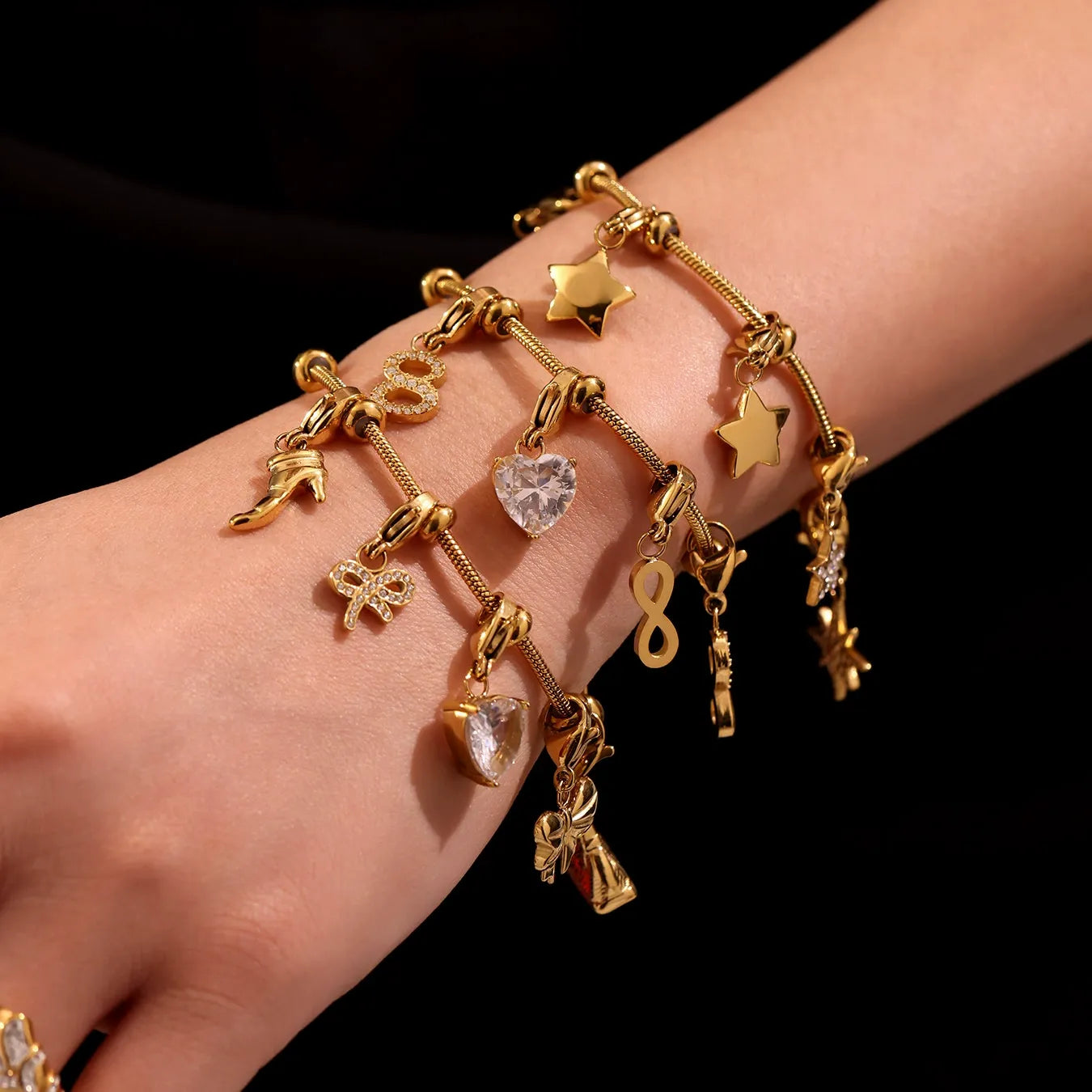 316L Stainless Steel 18K Gold Plated Figure-Eight Heart Zircon Pendant Bracelet - Image 4