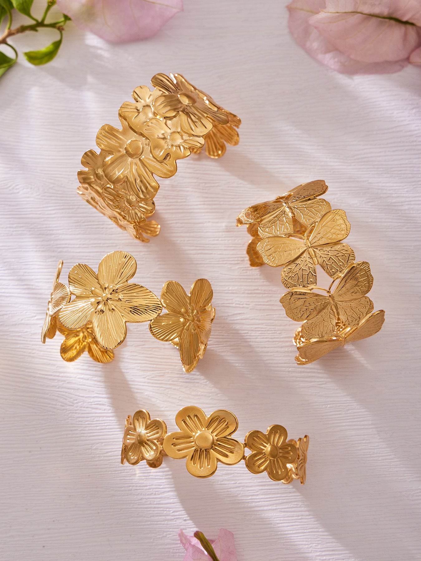 316L Stainless Steel 18K Gold Plated Filigree Floral Butterfly Open Bangle - Image 10