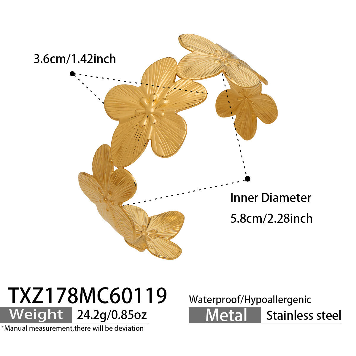 316L Stainless Steel 18K Gold Plated Filigree Floral Butterfly Open Bangle - Image 13