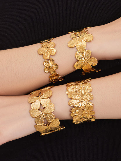 316L Stainless Steel 18K Gold Plated Filigree Floral Butterfly Open Bangle - Image 2