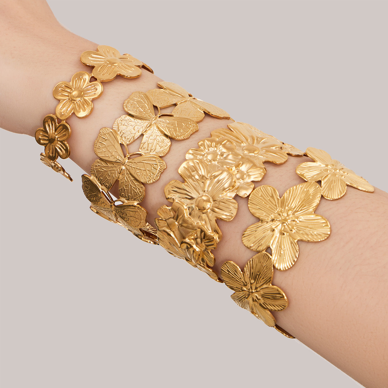 316L stainless steel 18K Gold Plated Filigree Floral Butterfly Open Bangle product card view for wholesale bangle buyers