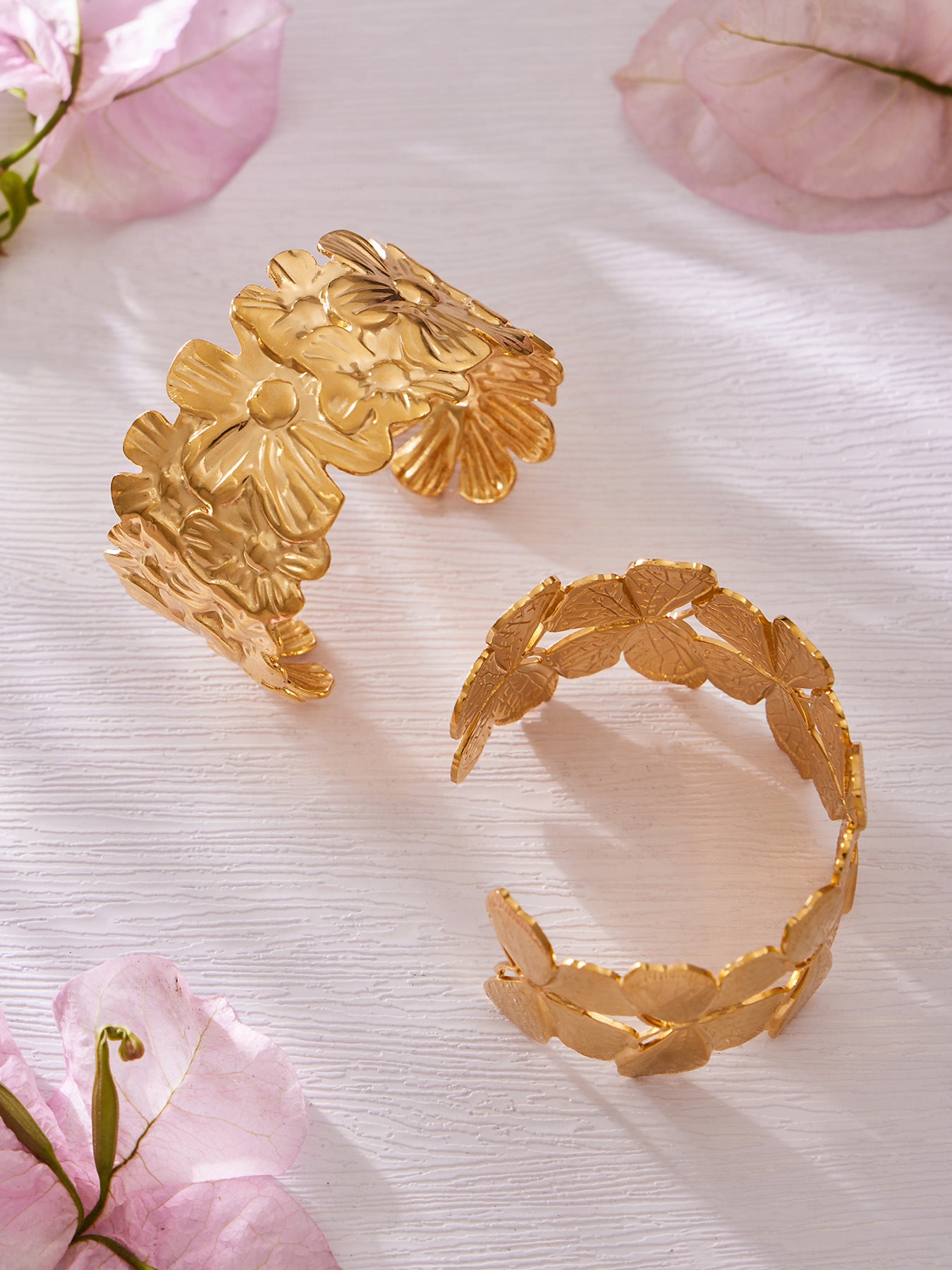 316L stainless steel 18K Gold Plated Filigree Floral Butterfly Open Bangle modeled styling view for wholesale bangle buyers