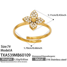 Technical dimension drawing for the 18K gold plated zircon flower ring showing adjustable size and material specs.