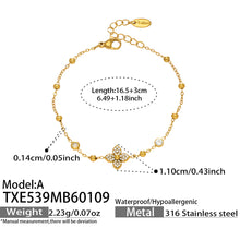 Specification sheet for the geometric flower zircon bracelet highlighting the 316L stainless steel material and weight.