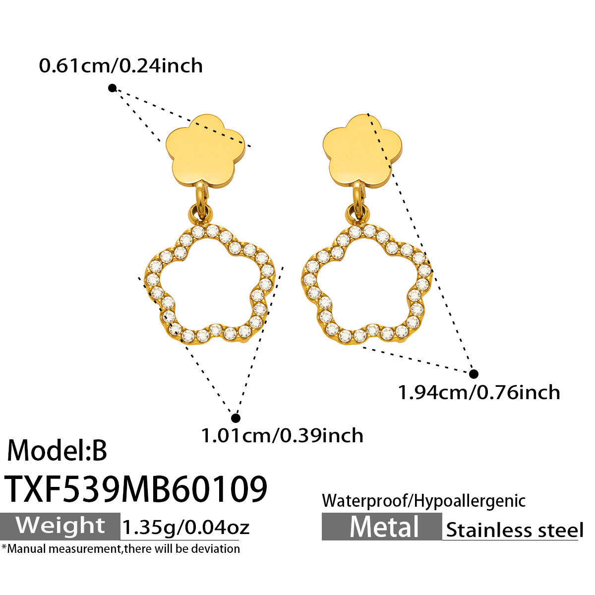 Detailed measurements for the flower-shaped dangling earrings, part of our hypoallergenic wholesale jewelry collection.