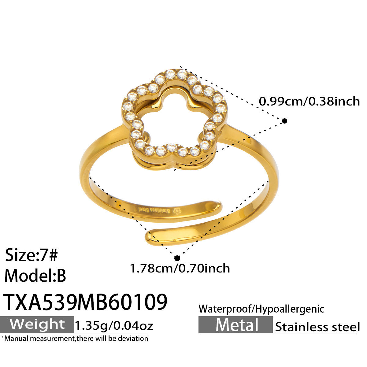 Alternative view of the zircon ring specifications, emphasizing the tarnish-resistant 18K PVD gold finish.