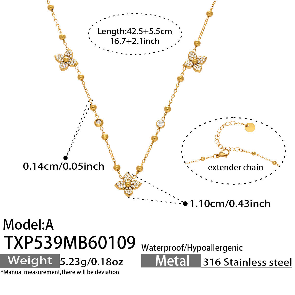 Product size details for the geometric zircon pendant necklace, ensuring a perfect fit for daily wear.