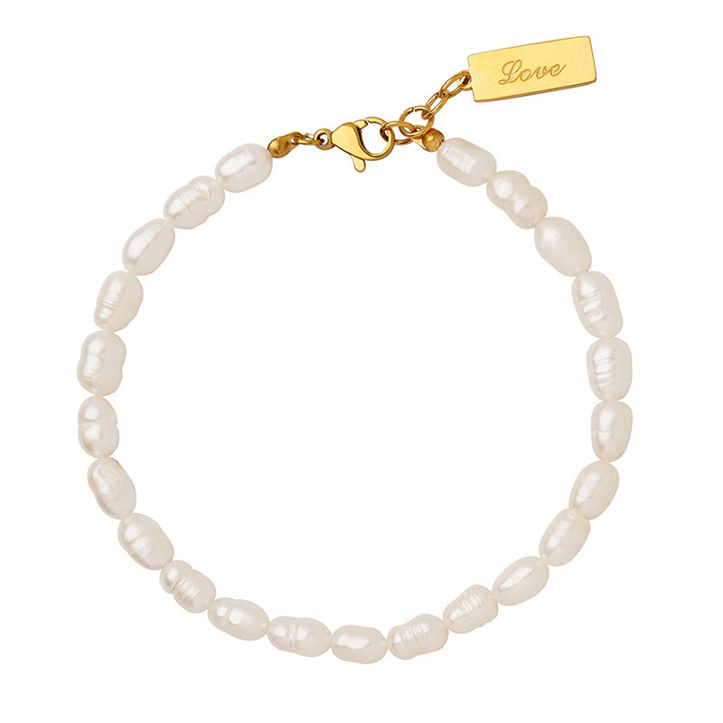 316L Stainless Steel 18K Gold Plated French Chic Freshwater Pearl Initial Square Pendant Bracelet - Image 1