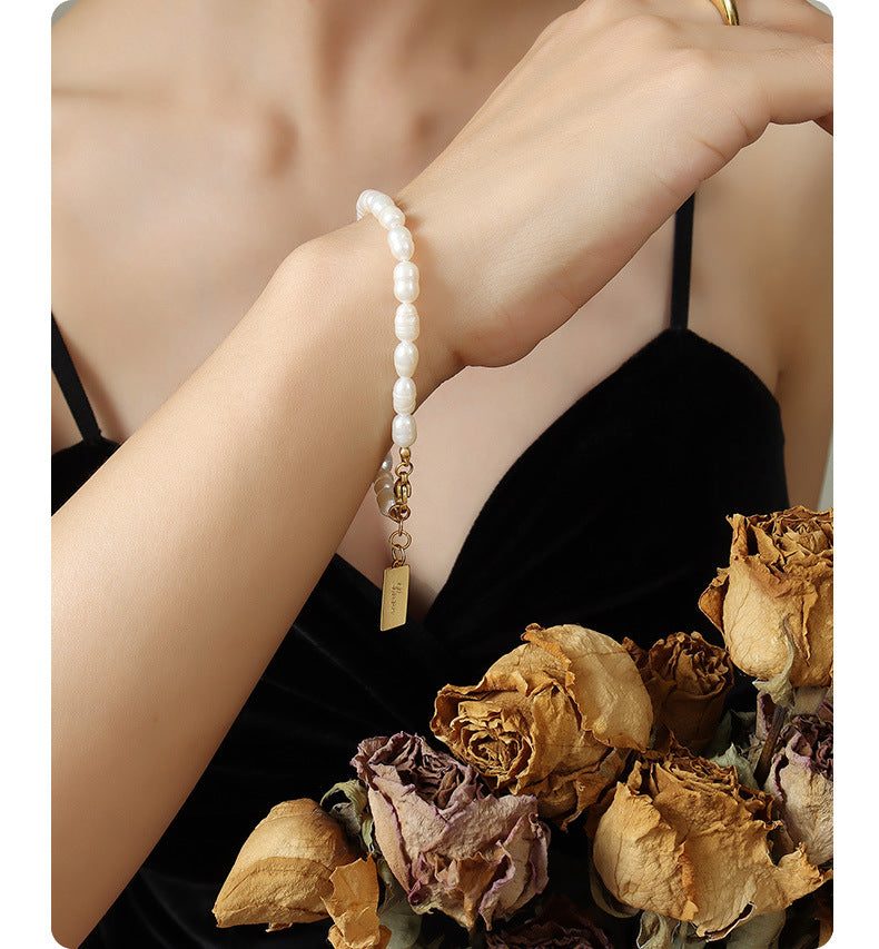 316L Stainless Steel 18K Gold Plated French Chic Freshwater Pearl Initial Square Pendant Bracelet - Image 3