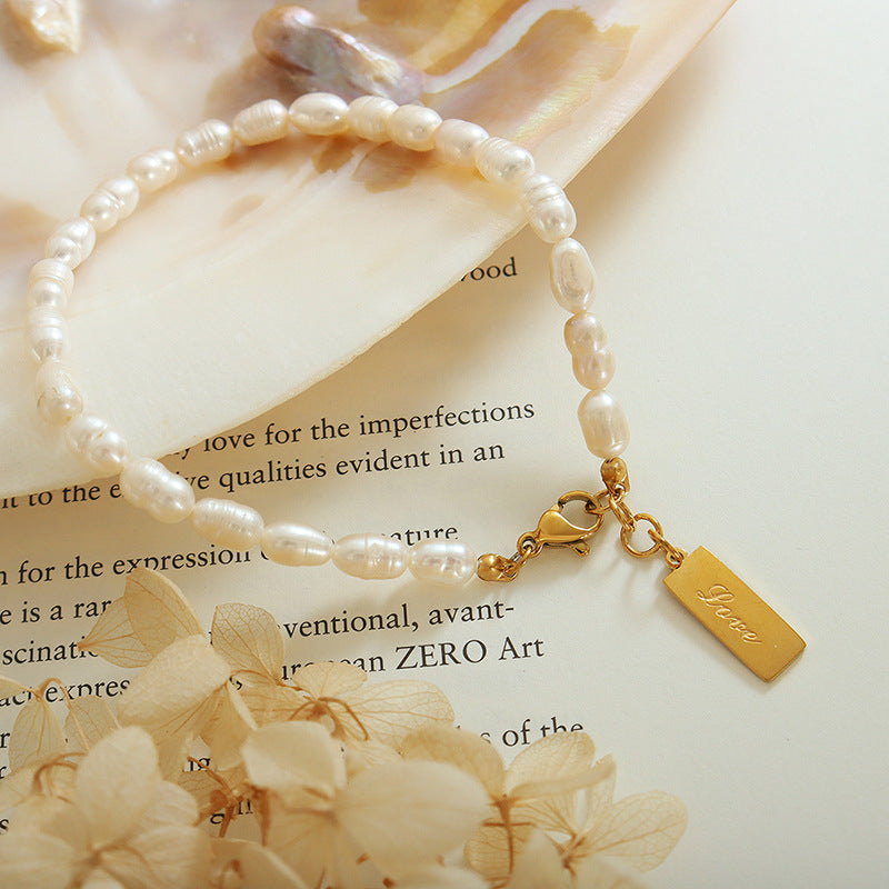316L Stainless Steel 18K Gold Plated French Chic Freshwater Pearl Initial Square Pendant Bracelet - Image 5