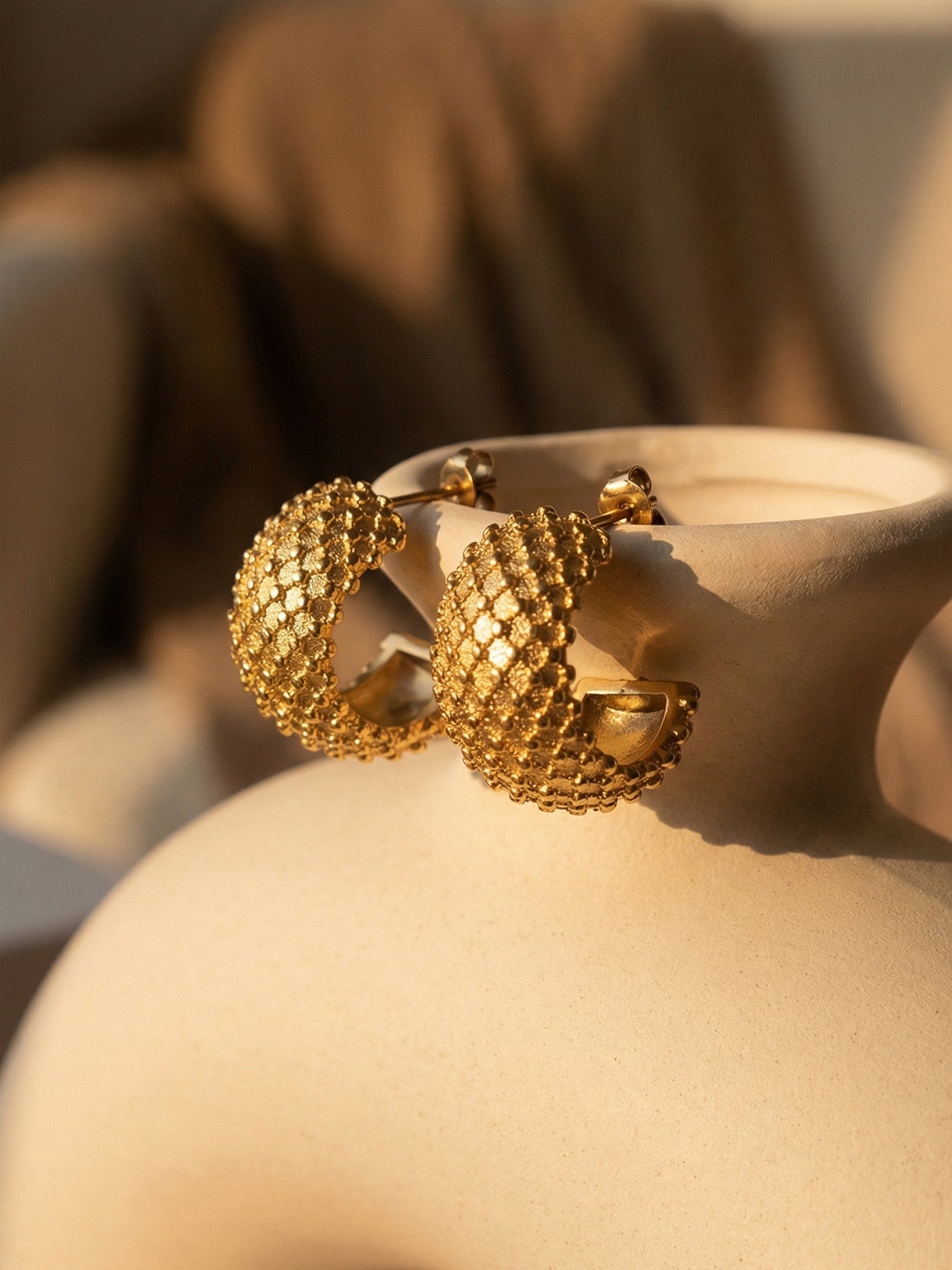 316L Stainless Steel 18K Gold Plated French Chic Quilted Stud Earrings - Image 10