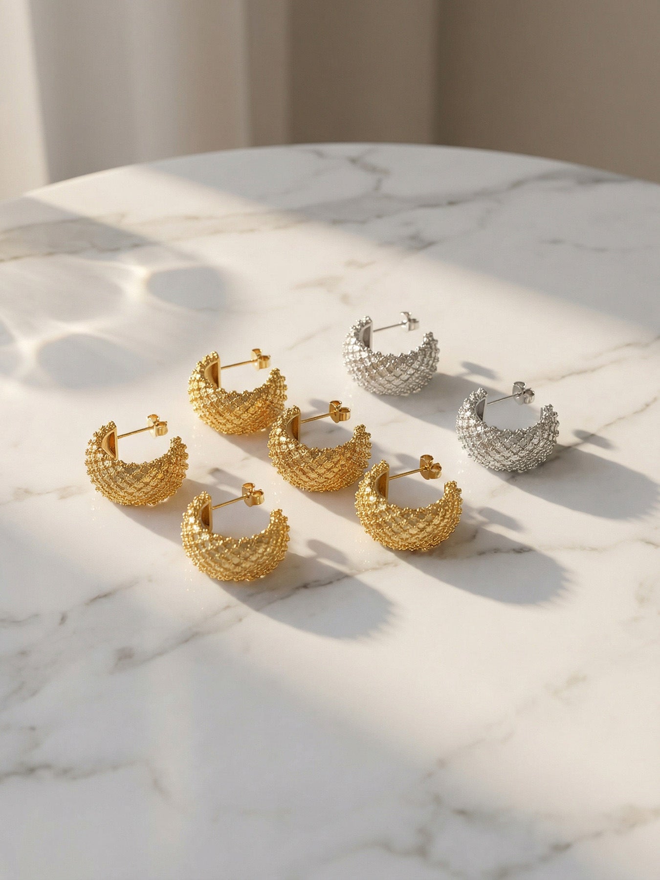 316L Stainless Steel 18K Gold Plated French Chic Quilted Stud Earrings - Image 4