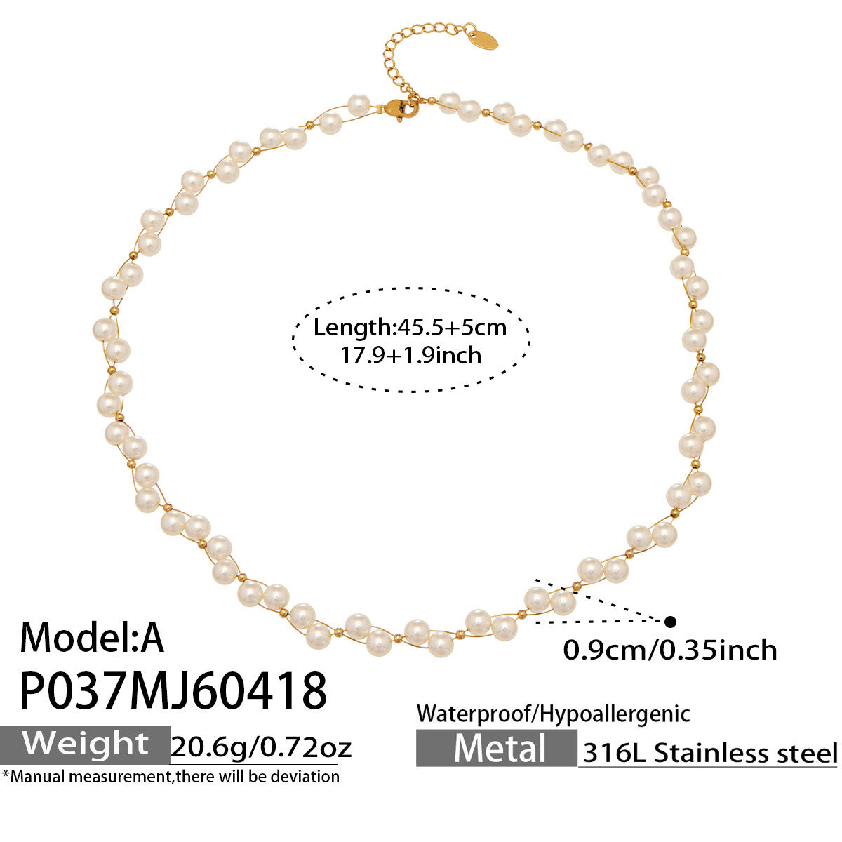 316L Stainless Steel 18K Gold PVD French Style Faux Pearl Necklace