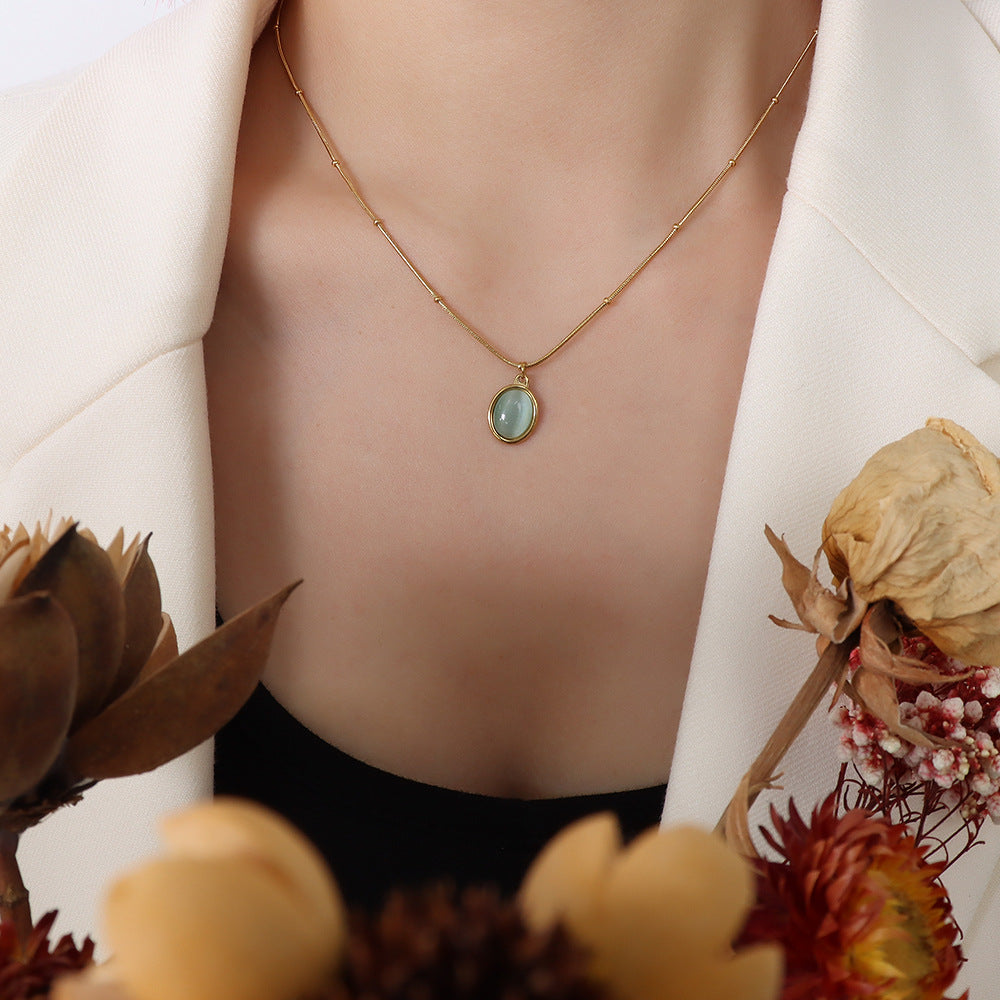 316L Stainless Steel 18K Gold Plated French Vintage Cat Eye Oval Pendant Necklace - Image 10