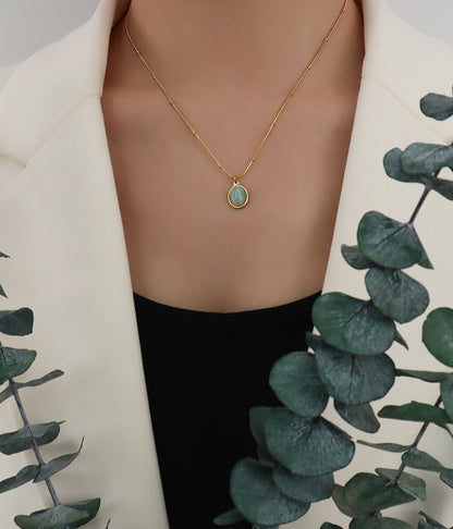 316L Stainless Steel 18K Gold Plated French Vintage Cat Eye Oval Pendant Necklace - Image 1