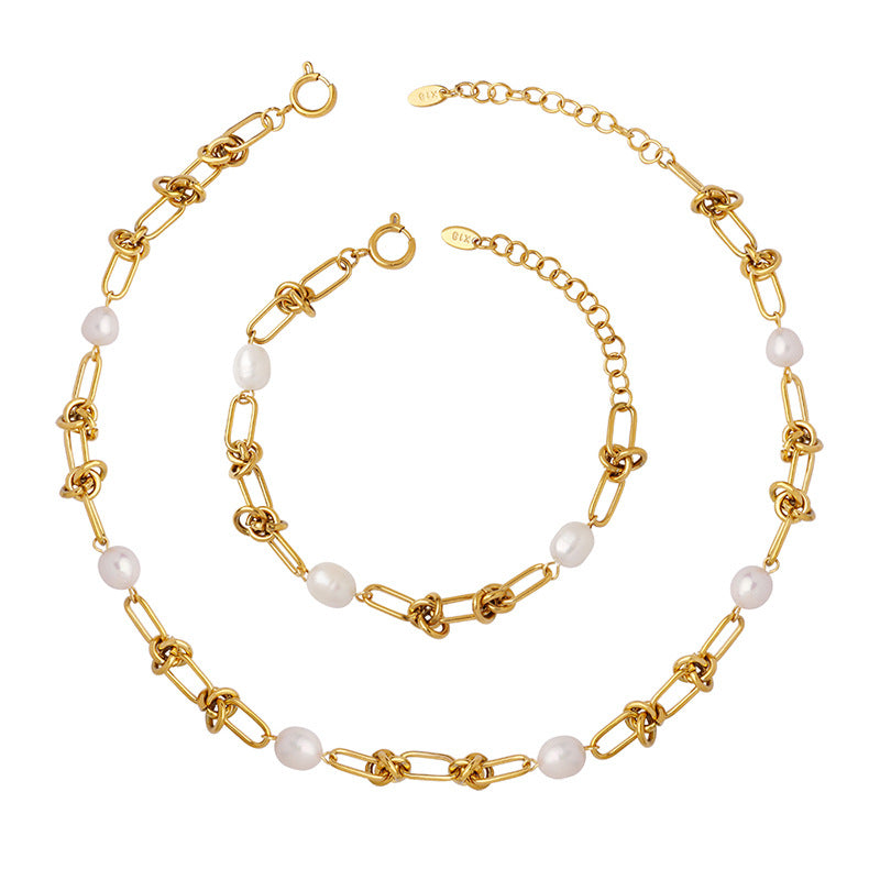 316L Stainless Steel 18K Gold Plated French Vintage Freshwater Pearl Twist Chain Necklace & Bracelet Set - Image 1