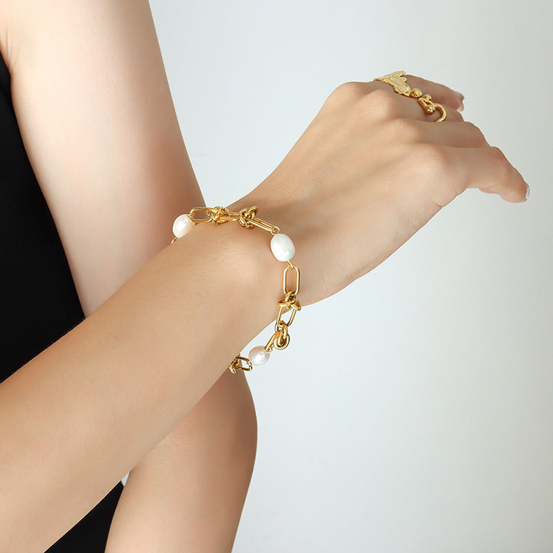 316L Stainless Steel 18K Gold Plated French Vintage Freshwater Pearl Twist Chain Necklace & Bracelet Set - Image 2