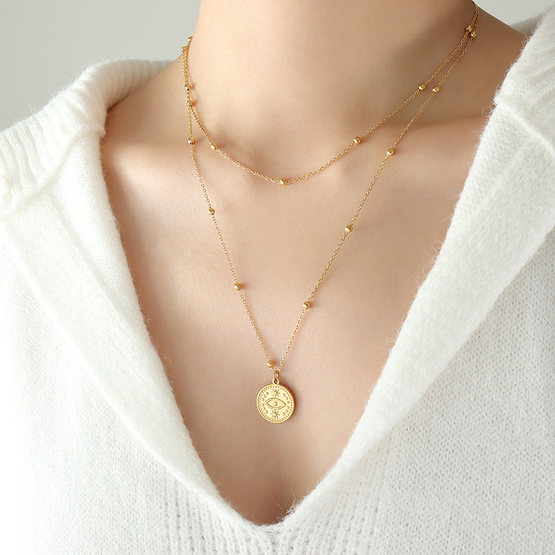 316L Stainless Steel 18K Gold Plated French Vintage Evil Eye Double Layer Necklace - Image 4