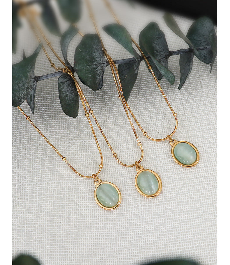 316L Stainless Steel 18K Gold Plated French Vintage Cat Eye Oval Pendant Necklace - Image 4