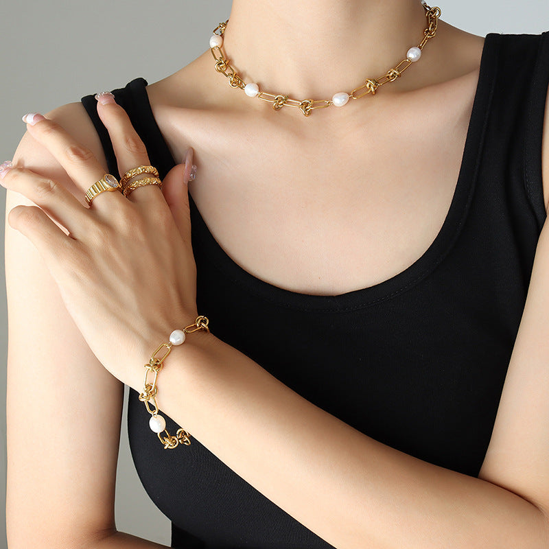 316L Stainless Steel 18K Gold Plated French Vintage Freshwater Pearl Twist Chain Necklace & Bracelet Set - Image 5