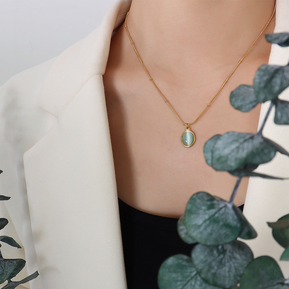 316L Stainless Steel 18K Gold Plated French Vintage Cat Eye Oval Pendant Necklace - Image 6