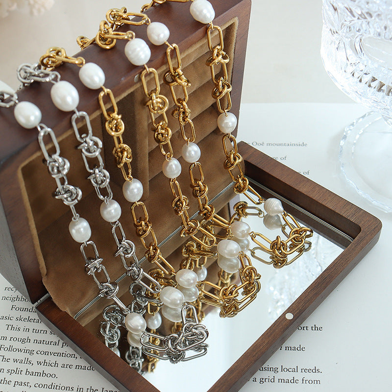 316L Stainless Steel 18K Gold Plated French Vintage Freshwater Pearl Twist Chain Necklace & Bracelet Set - Image 8