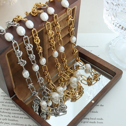 316L Stainless Steel 18K Gold Plated French Vintage Freshwater Pearl Twist Chain Necklace & Bracelet Set - Image 8