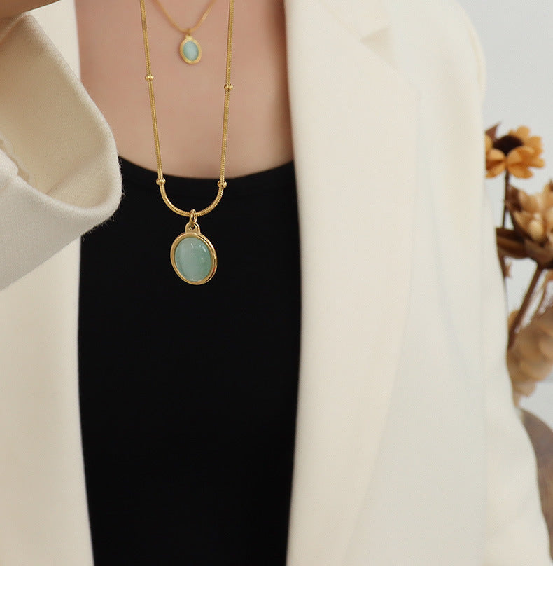 316L Stainless Steel 18K Gold Plated French Vintage Cat Eye Oval Pendant Necklace - Image 8