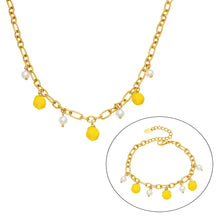 A complete 316L stainless steel jewelry set featuring vibrant lemon charms and white shell pearls on a gold link chain.