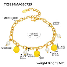 Detailed view of the hypoallergenic lemon and pearl necklace with adjustable chain length and secure clasp information.