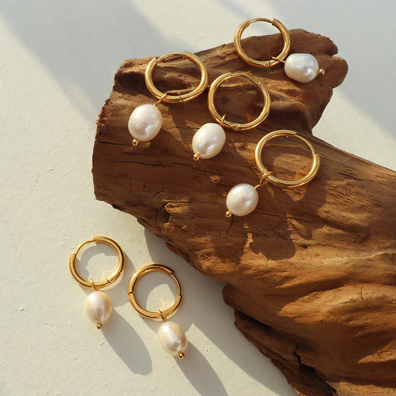 316L Stainless Steel 18K Gold Plated Freshwater Pearl Vintage Hoop Earrings - Image 3