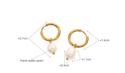 316L Stainless Steel 18K Gold Plated Freshwater Pearl Vintage Hoop Earrings - Image 5