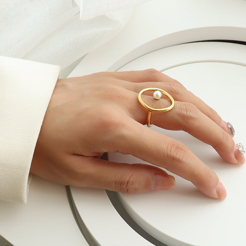 316L Stainless Steel 18K Gold Plated Geometric Faux Pearl Ring - Image 1