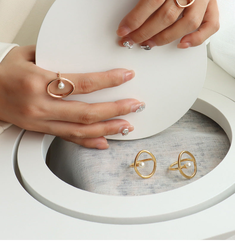 316L Stainless Steel 18K Gold Plated Geometric Faux Pearl Ring - Image 2