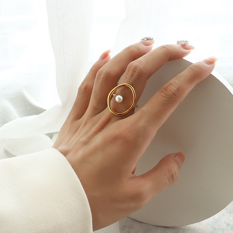 316L Stainless Steel 18K Gold Plated Geometric Faux Pearl Ring - Image 3