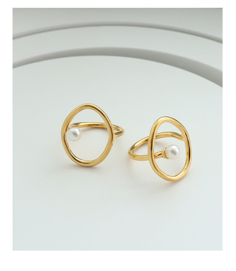 316L Stainless Steel 18K Gold Plated Geometric Faux Pearl Ring - Image 5